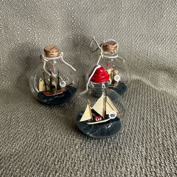 Ship in a bottle glass ball ornaments sailboat on the sea round Set of 3 - Picture 1 of 9